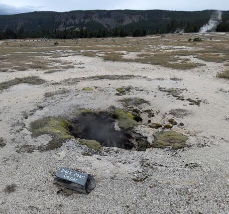 Dark hole in the ground in a barren landscape with some moss, and a tree-covered ridge in the background under cloudy skies