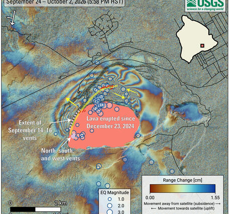 Color graphic showing ground deformation and earthquakes on a volcano