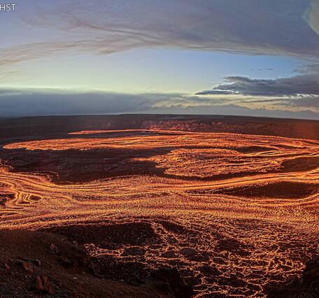 Color photograph of lava fountain and lava flows
