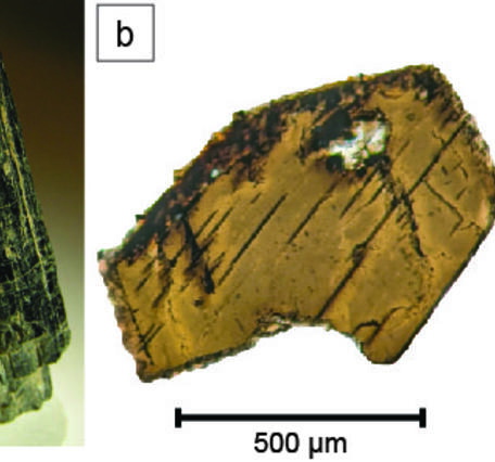 Hand sample of a dark, cylindrical mineral along with microscope sections of that mineral showing a hexagonal cross section