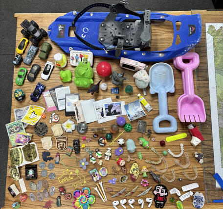 Random assorted children's toys, along with a few retainers and airpods, laid out on a wooden table
