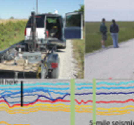 Image of a vehicle with geophysical equipment on a trailer behind; image of two people standing on a road; graphic of signals