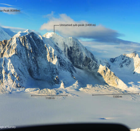 Snowy mountains with labels showing the size of debris lobes at the base of the mountain