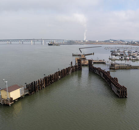 A drone view of where scientists with the U.S. Geological Survey gathered shellfish samples collected at Martinez Harbor, Con