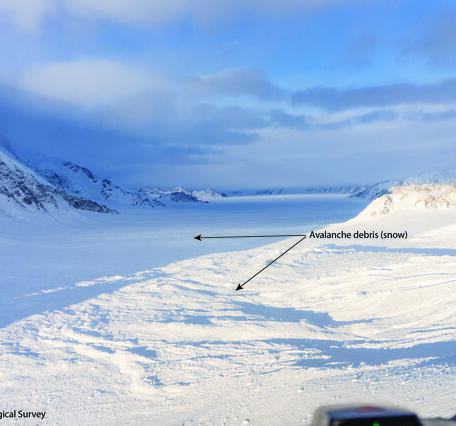 Snowy valley with label pointing out avalanche debris