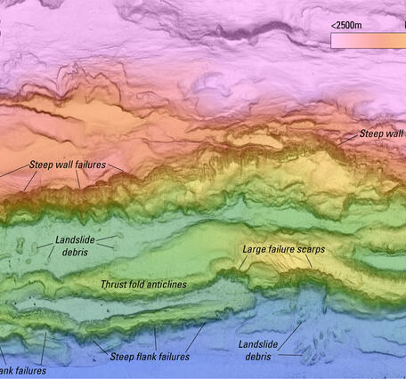 Detailed map showing seafloor features such as submarine canyons and slope failures offshore Kodiak Island, Alaska