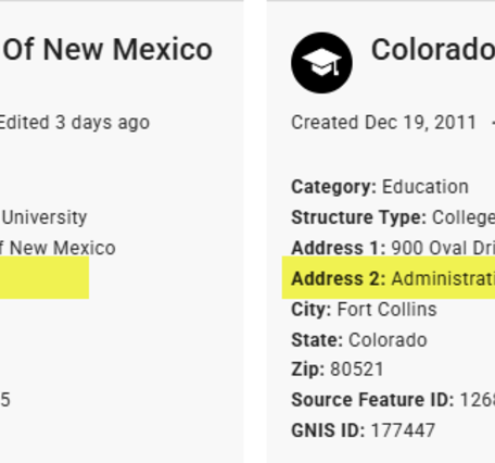 Side by side images of the names and addresses entered for the University of New Mexico and Colorado State University.