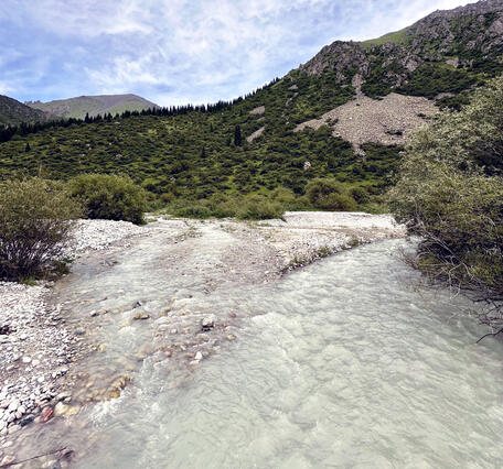 A glacier-fed river flows though Ala-Archa National Park in the Chuy Region of the Kyrgyz Republic