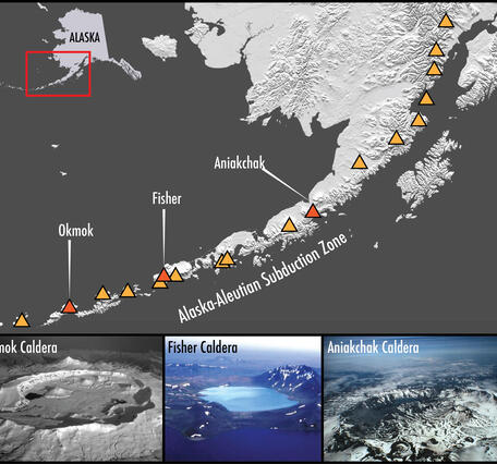 Map of Alaska with volcanoes and calderas indicated, and photos of three Alaska calderas on the bottom