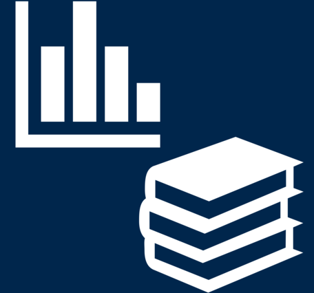 Icon showing a stack of books and a data chart