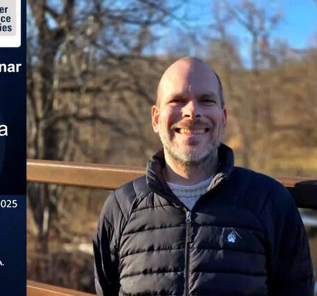 A man's portrait, of him standing outdoors in front of leafless trees, side by side with a title slide