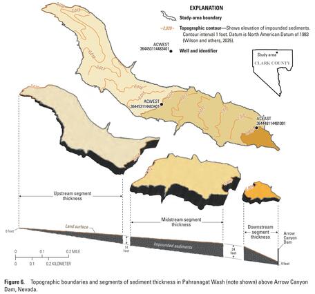 Figure showing study area boundary and 3D breakout with sediment thickness in Pahranagat Wash.