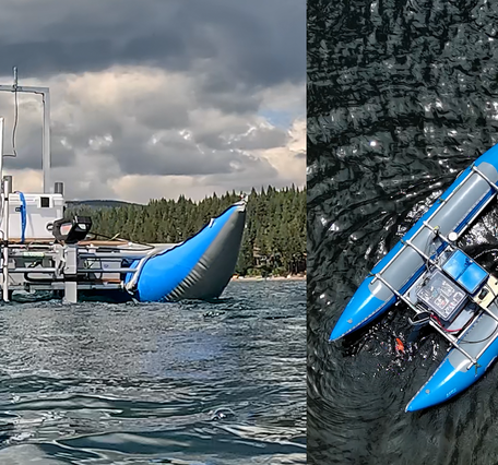 Photos of the autonomous MAPCAT cataraft being tested on a lake