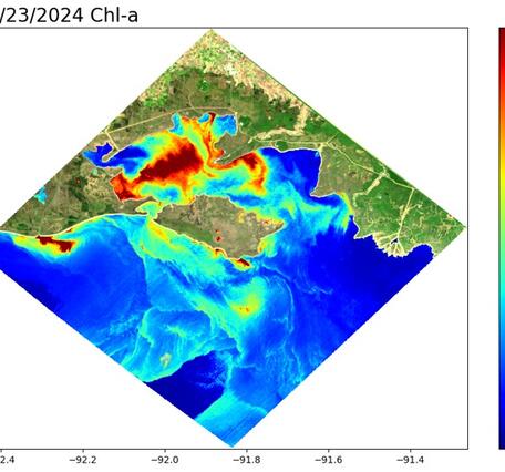 Estimated phytoplankton biomass as chlorophyll a (Chl-a) from EMIT imagery in March 2024 surrounding Marsh Island, Louisiana