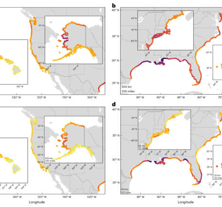 Predictions of 100-year storm surge return levels and associated 90% credible interval widths for the entire US coastline