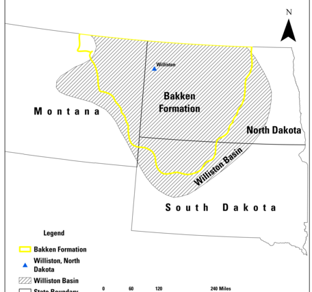 A map of Montana, North Dakota and South Dakota showing the Bakken Formation and Williston Basin