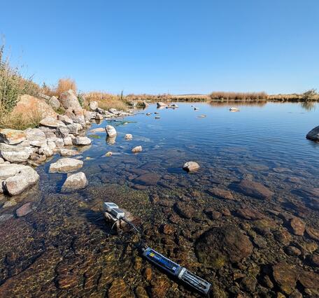 a shallow water body with rocky shores and tall grass in the background. Clear blue day. Blue instrument in water.