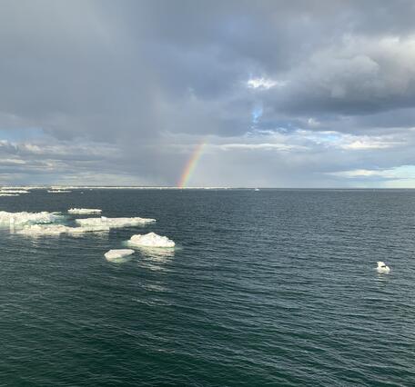 Ocean covered in ice with some openings and a rainbow in the distance.