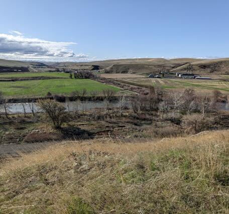 View from a high point looking down at the valley. leafless trees line the near bank on a blue sky day.