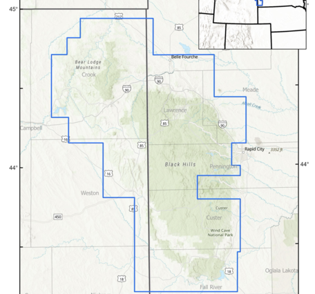 Map of Wyoming/South Dakota border area with Black Hills Bear Lodge survey area outlined in blue.