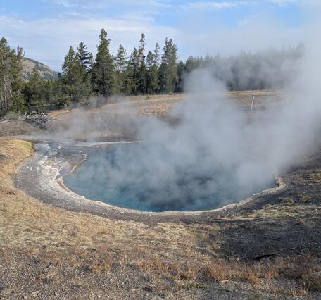 Steaming blue-water hot spring in a small depression surrounded by dry grass.  Pine trees in the background under blue sky.