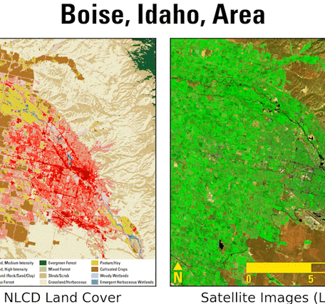 Two animations, side by side, with different color schemes but showing the same landscape area