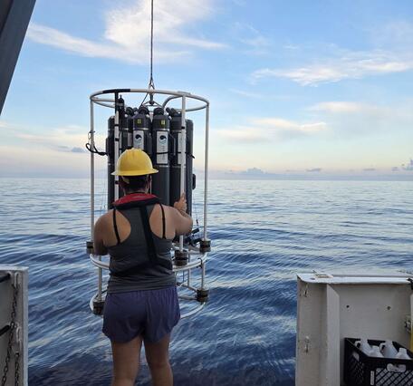 Woman in grey shirt and purple shorts with a yellow hardhat standing at the edge of the boat with the ocean in the background