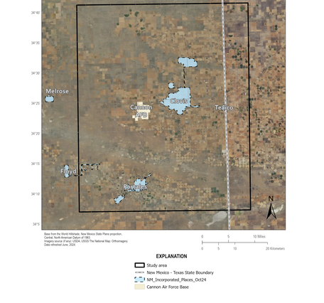 A rectangular study area over eastern New Mexico and extending into western Texas