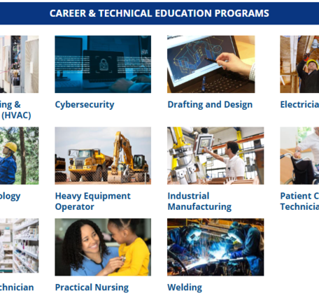 Screenshot from the official CLTCC website showing their career and technical education programs. 