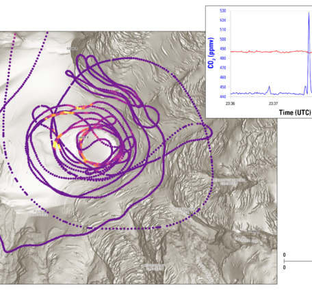 Colored dots over a gray-scale map of Mount Rainier showing the locations of sample collection. 