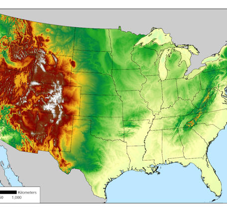 Elevation map of the contiguous United States, highlighting major mountain ranges and plains.