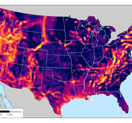 Electrical resistivity at lower-crustal depths (35 km) beneath the contiguous U.S. The architecture of the nation is revealed at this depth with warm colors marking active extension beneath the western U.S. The cratonic building blocks are resistive (cool colors) and were joined throughout geologic time along linear conductive sutures beneath the central and eastern U.S