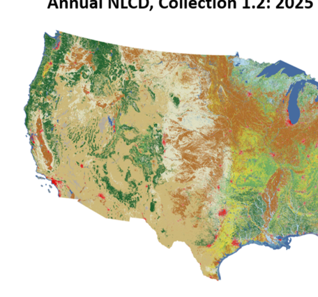 A map of the United States with shades of browns, greens and blues and small splotches of reds