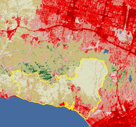 A map depicting different types of land cover in different colors, with a yellow outline on one part