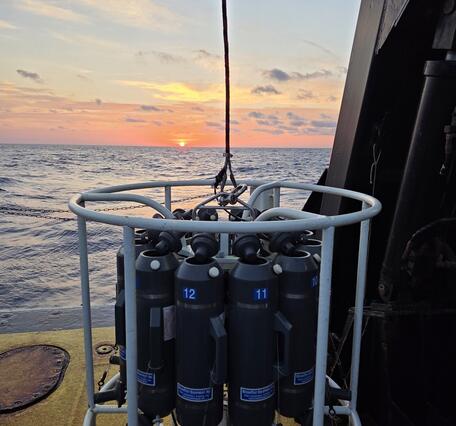 12 niskin bottles placed within a CTD rosette overlooking the ocean and a pink and orange sunrise.