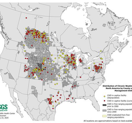 Distribution of Chronic Wasting Disease in North America from 2000 through July 2025.