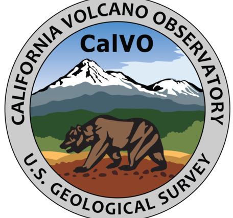 A stylized circular logo reads "California Volcano Observatory U.S. Geological Survey" in black on gray font with a central vector image of a brown bear in profile on red ground. Green forests are visible in the mid ground and the two peaks of Mount Shasta and Shastina are shown in the distance.