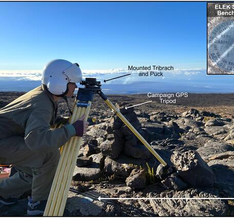 Color annotated photograph showing a scientist setting up 