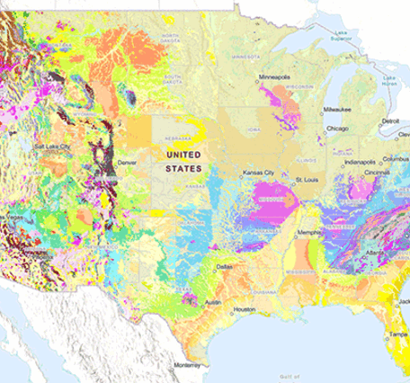 An animated image of different multi-colored geologic maps of the nation fading in and out. 