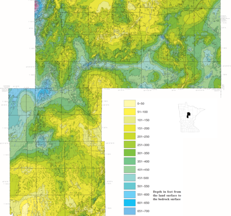Map in colors ranging from yellow to green to blue to pink depicting increasing depth to bedrock within Cass County, Minnesota. 