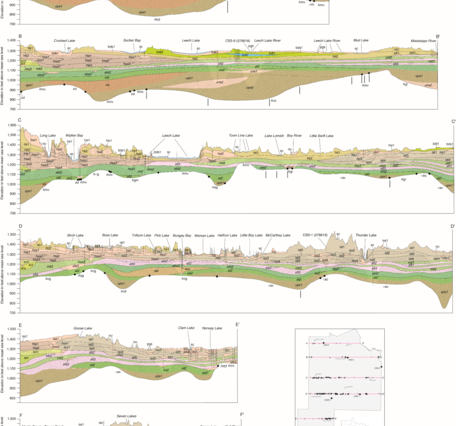 Diagram of subsurface stratigraphy shown as in 6 separate cross sections with a Minnesota map for location reference. 