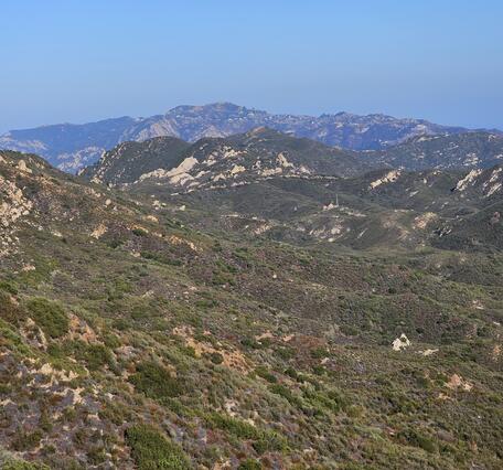 vegetation covered mountains in the image foreground and background