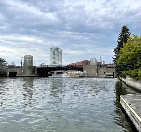  A bridge crosses an urban river