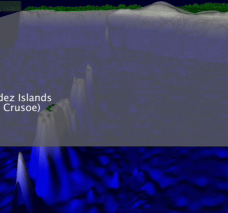 Animation shows an cartoon of a coastal area, the ocean surface, and the seafloor, then waves develop and grow in size.