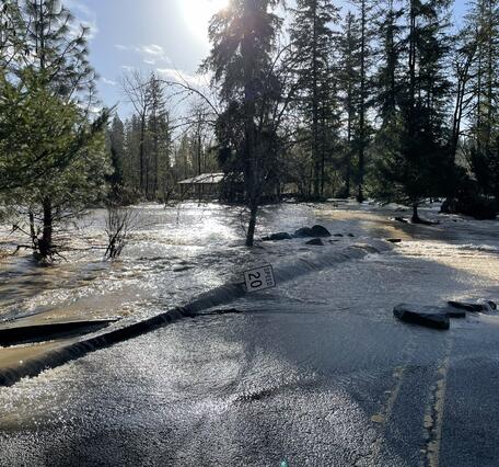 water flows past trees, a downed speed limit sign, and over the road. Large rocks deposited on roadway. 