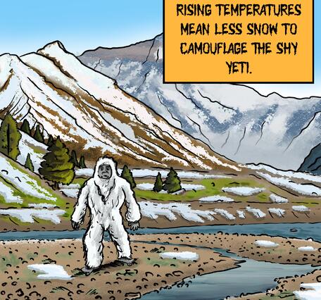 A white Yeti wandering around the foot of a mountain range dotted with pockets of snow on a brown landscape.