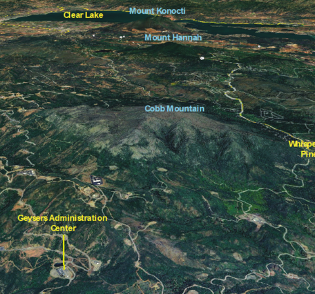 An oblique map view of Cobb Mountain and surrounding landscape, featuring Clear Lake, Mount Konocti, and The Geysers