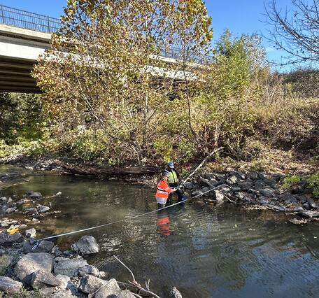 Two scientists collecting field parameter data as part of a water-quality cross section study