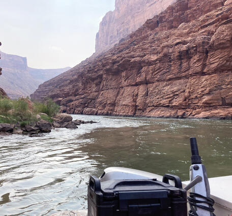 A motorboat travels downstream on the Colorado River with red canyon walls alongside the river in Grand Canyon