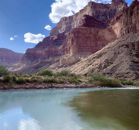 Water at a confluence of two rivers mix, one light blue, the other brown with sediment, flowing through Grand Canyon